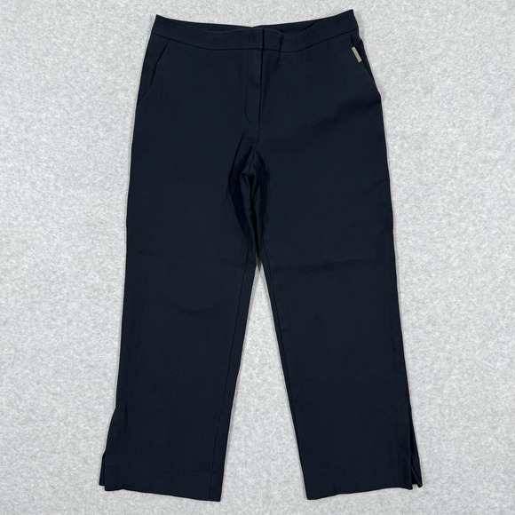 Escada Pants Womens 36‎ Wide Leg Crop Ankle Slit Trouser Stretch Navy Blue Logo - Picture 1 of 15